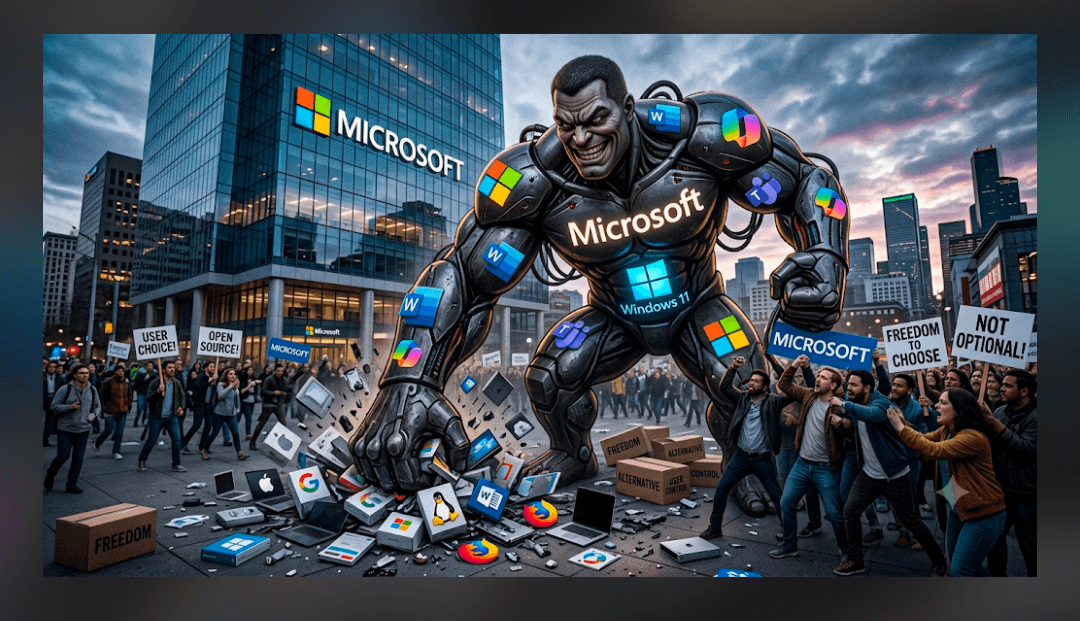 A stylized image of Microsoft as a giant standing over open source alternatives